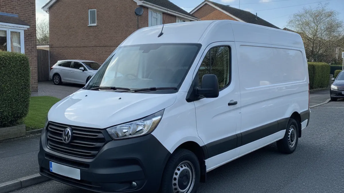 A clean white work van parked on a UK street, ready for business, courier or trade use